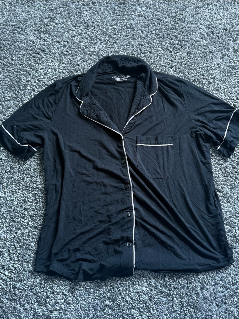 Victoria's Secret Black Short-Sleeve Button-Down Shirt with White Piping